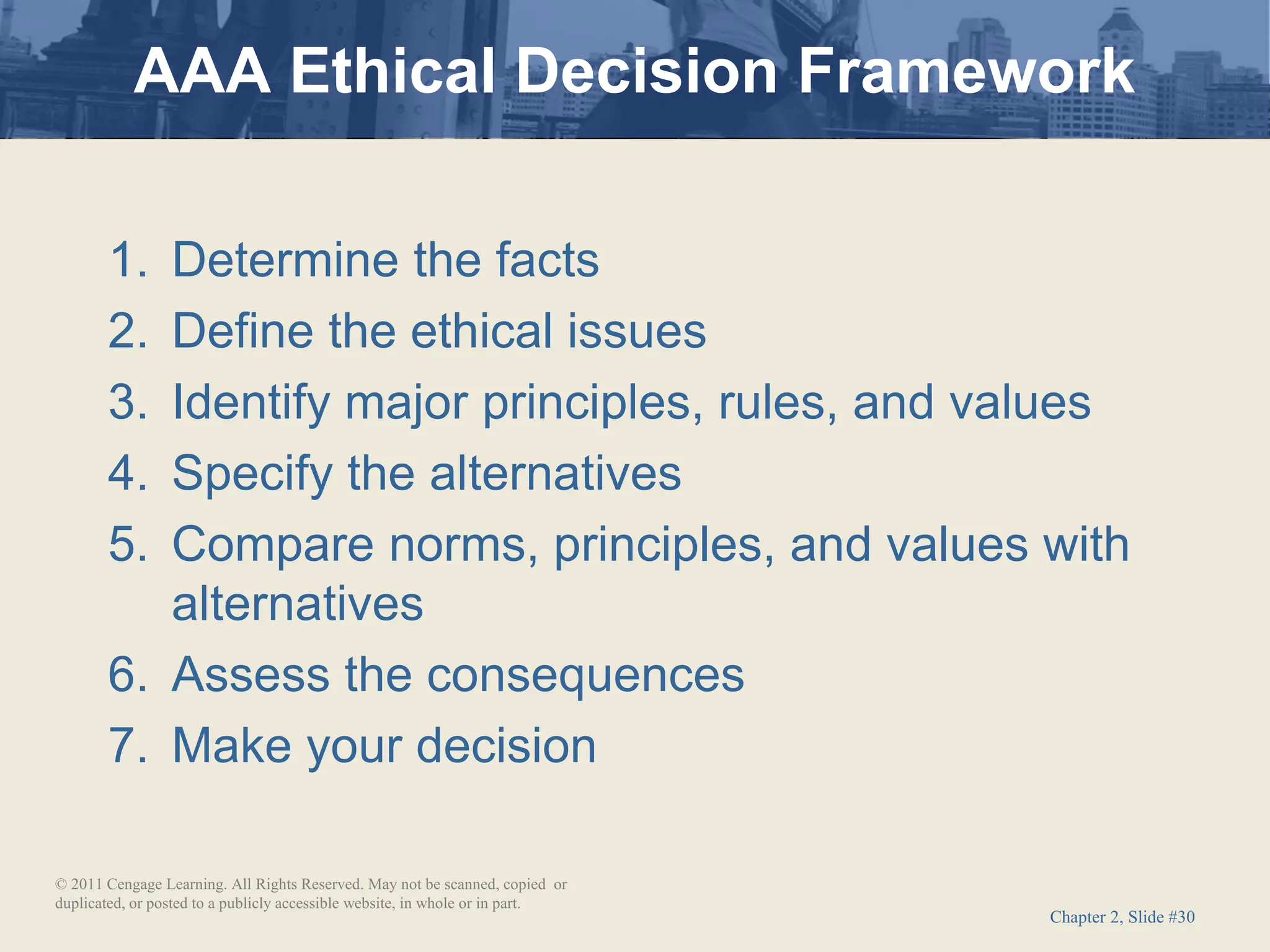 Chapter 2, Slide #30
1. Determine the facts
2. Define the ethical issues
3. Identify major principles, rules, and values
4. Specify the alternatives
5. Compare norms, principles, and values with
alternatives
6. Assess the consequences
7. Make your decision
AAA Ethical Decision Framework
© 2011 Cengage Learning. All Rights Reserved. May not be scanned, copied or
duplicated, or posted to a publicly accessible website, in whole or in part.
 