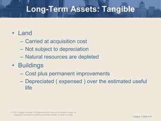 Chapter 3, Slide #10
• Land
– Carried at acquisition cost
– Not subject to depreciation
– Natural resources are depleted
• Buildings
– Cost plus permanent improvements
– Depreciated ( expensed ) over the estimated useful
life
Long-Term Assets: Tangible
© 2011 Cengage Learning. All Rights Reserved. May not be scanned, copied or
duplicated, or posted to a publicly accessible website, in whole or in part.
 