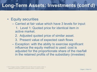 Chapter 3, Slide #19
Long-Term Assets: Investments (cont’d)
• Equity securities
– Carried at fair value which have 3 levels for input:
1. Level 1: Quoted price for identical item in
active market.
2. Adjusted quoted price of similar asset.
3. Present value of expected cash flows
– Exception: with the ability to exercise significant
influence the equity method is used: cost is
adjusted for the proportionate share of the rise/fall
in the retained profits of the subsidiary (investee)
© 2011 Cengage Learning. All Rights Reserved. May not be scanned, copied or
duplicated, or posted to a publicly accessible website, in whole or in part.
 