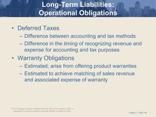 Chapter 3, Slide #29
Long-Term Liabilities:
Operational Obligations
• Deferred Taxes
– Difference between accounting and tax methods
– Difference in the timing of recognizing revenue and
expense for accounting and tax purposes
• Warranty Obligations
– Estimated; arise from offering product warranties
– Estimated to achieve matching of sales revenue
and associated expense of warranty
© 2011 Cengage Learning. All Rights Reserved. May not be scanned, copied or
duplicated, or posted to a publicly accessible website, in whole or in part.
 
