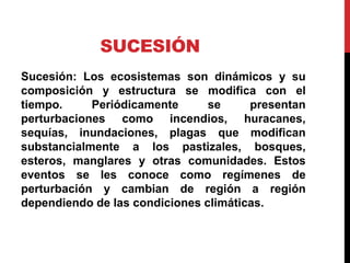 SUCESIÓN
Sucesión: Los ecosistemas son dinámicos y su
composición y estructura se modifica con el
tiempo. Periódicamente se presentan
perturbaciones como incendios, huracanes,
sequías, inundaciones, plagas que modifican
substancialmente a los pastizales, bosques,
esteros, manglares y otras comunidades. Estos
eventos se les conoce como regímenes de
perturbación y cambian de región a región
dependiendo de las condiciones climáticas.
 