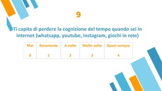 Ti capita di perdere la cognizione del tempo quando sei in
internet (whatsapp, youtube, instagram, giochi in rete)
9
Mai
 
0
Raramente
 
1
A volte
 
2
Molte volte
 
3
Quasi sempre
 
4
 