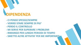 DIPENDENZA
- CI PENSO SPESSO/SEMPRE
- VORREI STARE SEMPRE DI PIU’
- PERDO IL CONTROLLO
- MI SERVE PER SUPERARE I PROBLEMI
- RIMANGO PER LUNGHI PERIODI DI TEMPO
- SMETTO ALTRE ATTIVITA’ PER ME IMPORTANTI
 