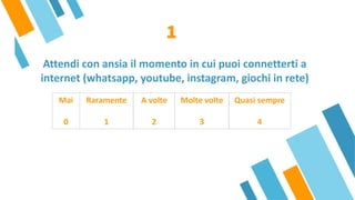 Attendi con ansia il momento in cui puoi connetterti a
internet (whatsapp, youtube, instagram, giochi in rete)
Mai
 
0
Raramente
 
1
A volte
 
2
Molte volte
 
3
Quasi sempre
 
4
1
 