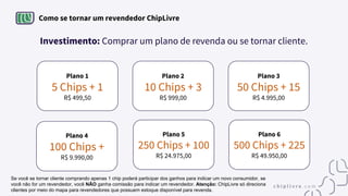 Plano 1
5 Chips + 1
R$ 499,50
Como se tornar um revendedor ChipLivre
Investimento: Comprar um plano de revenda ou se tornar cliente.
Plano 4
100 Chips +
R$ 9.990,00
Plano 3
50 Chips + 15
R$ 4.995,00
Plano 6
500 Chips + 225
R$ 49.950,00
Plano 5
250 Chips + 100
R$ 24.975,00
Plano 2
10 Chips + 3
R$ 999,00
Se você se tornar cliente comprando apenas 1 chip poderá participar dos ganhos para indicar um novo consumidor, se
você não for um revendedor, você NÃO ganha comissão para indicar um revendedor. Atenção: ChipLivre só direciona
clientes por meio do mapa para revendedores que possuem estoque disponível para revenda.
 