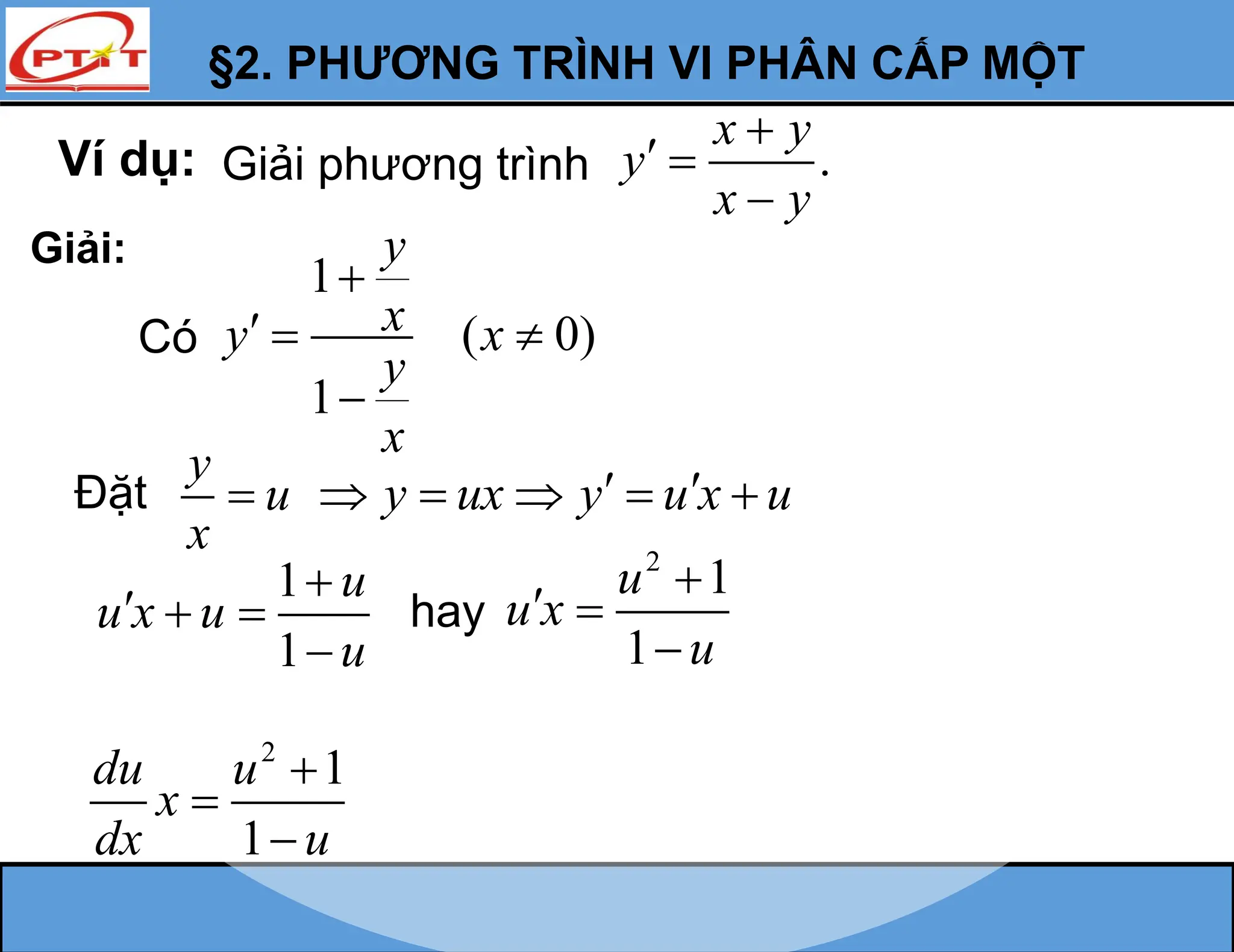 §2. PHƯƠNG TRÌNH VI PHÂN CẤP MỘT
Có
1
( 0)
1
y
x
y x
y
x

  

Đặt
y
u
x

1
1
u
u x u
u

  

hay
2
1
1
u
u x
u

 

.
x y
y
x y

 

Ví dụ: Giải phương trình
Giải:
y ux y u x u
 
    
2
1
1
du u
x
dx u



 