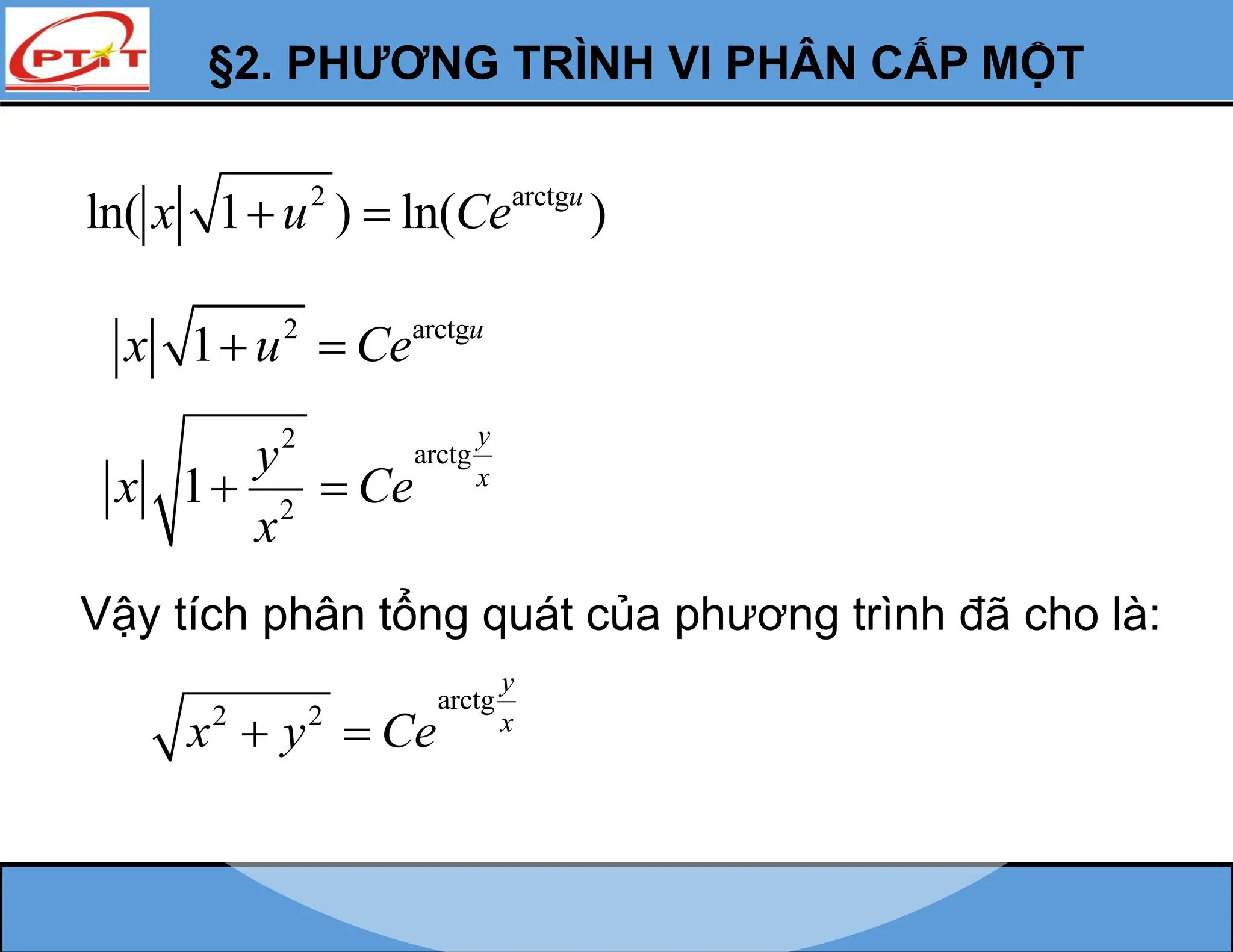 §2. PHƯƠNG TRÌNH VI PHÂN CẤP MỘT
2 arctg
ln( 1 ) ln( )
u
x u Ce
 
arctg
2 2
y
x
x y Ce
 
Vậy tích phân tổng quát của phương trình đã cho là:
2 arctg
1 u
x u Ce
 
2
arctg
2
1
y
x
y
x Ce
x
 
 