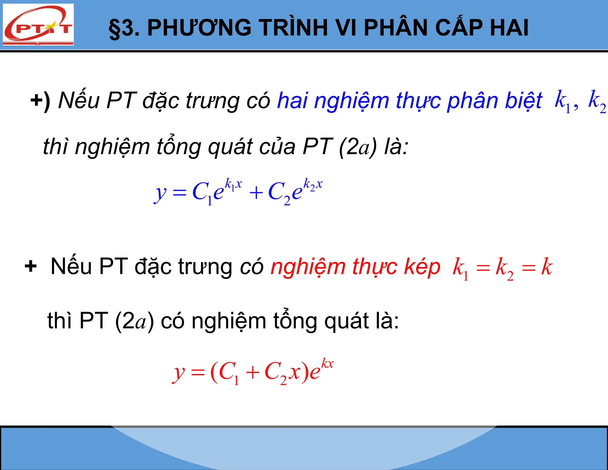 §3. PHƯƠNG TRÌNH VI PHÂN CẤP HAI
+) Nếu PT đặc trưng có hai nghiệm thực phân biệt 1 2
,
k k
thì nghiệm tổng quát của PT (2a) là:
1 2
1 2
k x k x
y C e C e
 
+ Nếu PT đặc trưng có nghiệm thực kép 1 2
k k k
 
thì PT (2a) có nghiệm tổng quát là:
1 2
( ) kx
y C C x e
 
 