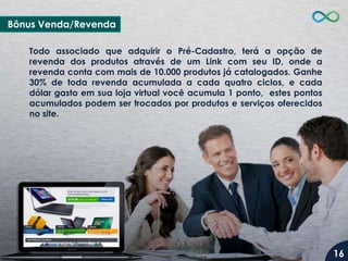 Bônus Venda/Revenda
Todo associado que adquirir o Pré-Cadastro, terá a opção de
revenda dos produtos através de um Link com seu ID, onde a
revenda conta com mais de 10.000 produtos já catalogados. Ganhe
30% de toda revenda acumulada a cada quatro ciclos, e cada
dólar gasto em sua loja virtual você acumula 1 ponto, estes pontos
acumulados podem ser trocados por produtos e serviços oferecidos
no site.

16

 