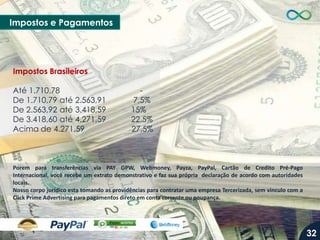 Impostos e Pagamentos

Impostos Brasileiros
Até 1.710,78
De 1.710,79 até 2.563,91
De 2.563,92 até 3.418,59
De 3.418,60 até 4.271,59
Acima de 4.271,59

7,5%
15%
22,5%
27,5%

Porem para transferências via PAY GPW, Webmoney, Payza, PayPal, Cartão de Credito Pré-Pago
Internacional, você recebe um extrato demonstrativo e faz sua própria declaração de acordo com autoridades
locais.
Nosso corpo jurídico esta tomando as providências para contratar uma empresa Tercerizada, sem vinculo com a
Click Prime Advertising para pagamentos direto em conta corrente ou poupança.

32

 