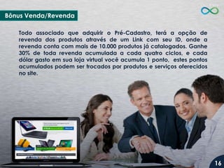Todo associado que adquirir o Pré-Cadastro, terá a opção de
revenda dos produtos através de um Link com seu ID, onde a
revenda conta com mais de 10.000 produtos já catalogados. Ganhe
30% de toda revenda acumulada a cada quatro ciclos, e cada
dólar gasto em sua loja virtual você acumula 1 ponto, estes pontos
acumulados podem ser trocados por produtos e serviços oferecidos
no site.
Bônus Venda/Revenda
16
 