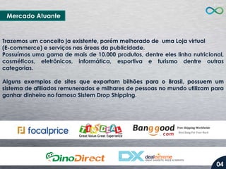 Trazemos um conceito ja existente, porém melhorado de uma Loja virtual
(E-commerce) e serviços nas áreas da publicidade.
Possuímos uma gama de mais de 10.000 produtos, dentre eles linha nutricional,
cosméticos, eletrônicos, informática, esportiva e turismo dentre outras
categorias.
Alguns exemplos de sites que exportam bilhões para o Brasil, possuem um
sistema de afiliados remunerados e milhares de pessoas no mundo utilizam para
ganhar dinheiro no famoso Sistem Drop Shipping.
Mercado Atuante
04
 