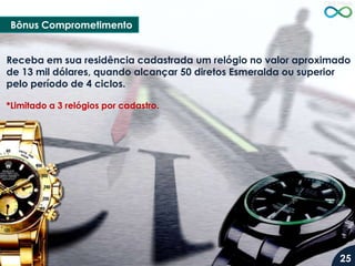 Bônus Comprometimento
Receba em sua residência cadastrada um relógio no valor aproximado
de 13 mil dólares, quando alcançar 50 diretos Esmeralda ou superior
pelo período de 4 ciclos.
*Limitado a 3 relógios por cadastro.

25

 