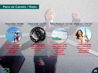 Plano de Carreira / Títulos

Prime Silver: 50.000
(Volume de pontos acumulados)

1 cartão pré-pago
com o valor de 5
mil dólares para
um cruzeiro
Marítimo.

Prime Gold: 100.000
(Volume de pontos acumulados)

1 cartão pré-pago
com o valor de 10
mil dólares para
um Rolex.

Prime Platinum: 500.000 Platinum: 2.500.000
(Volume de pontos acumulados)

1 cartão pré-pago
com o valor de 15
mil dólares para
um cruzeiro
Marítimo
Internacional.

(Volume de pontos acumulados)

1 cartão pré-pago
com o valor de 30
mil dólares para
uma viagem
internacional.

28

 