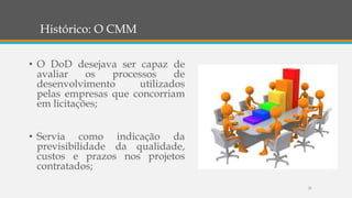 Histórico: O CMM
• O DoD desejava ser capaz de
avaliar os processos de
desenvolvimento utilizados
pelas empresas que concorriam
em licitações;
• Servia como indicação da
previsibilidade da qualidade,
custos e prazos nos projetos
contratados;
21
 