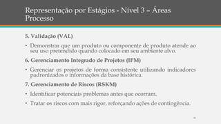 Representação por Estágios - Nível 3 – Áreas
Processo
5. Validação (VAL)
• Demonstrar que um produto ou componente de produto atende ao
seu uso pretendido quando colocado em seu ambiente alvo.
6. Gerenciamento Integrado de Projetos (IPM)
• Gerenciar os projetos de forma consistente utilizando indicadores
padronizados e informações da base histórica.
7. Gerenciamento de Riscos (RSKM)
• Identificar potenciais problemas antes que ocorram.
• Tratar os riscos com mais rigor, reforçando ações de contingência.
46
 