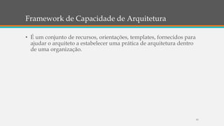 Framework de Capacidade de Arquitetura
83
• É um conjunto de recursos, orientações, templates, fornecidos para
ajudar o arquiteto a estabelecer uma prática de arquitetura dentro
de uma organização.
 