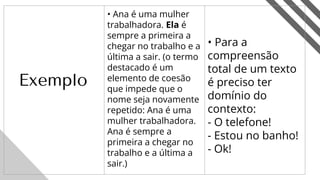21
Exemplo
• Ana é uma mulher
trabalhadora. Ela é
sempre a primeira a
chegar no trabalho e a
última a sair. (o termo
destacado é um
elemento de coesão
que impede que o
nome seja novamente
repetido: Ana é uma
mulher trabalhadora.
Ana é sempre a
primeira a chegar no
trabalho e a última a
sair.)
• Para a
compreensão
total de um texto
é preciso ter
domínio do
contexto:
- O telefone!
- Estou no banho!
- Ok!
 