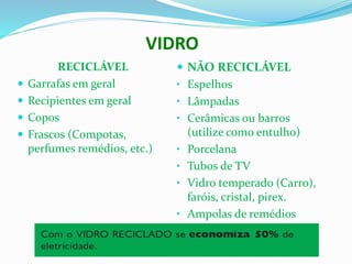 VIDRO
RECICLÁVEL
 Garrafas em geral
 Recipientes em geral
 Copos
 Frascos (Compotas,
perfumes remédios, etc.)
 NÃO RECICLÁVEL
• Espelhos
• Lâmpadas
• Cerâmicas ou barros
(utilize como entulho)
• Porcelana
• Tubos de TV
• Vidro temperado (Carro),
faróis, cristal, pirex.
• Ampolas de remédios
 