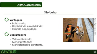 35
ARMAZENAMENTO
Silo bolsa
Fonte:
Agrovelper,
2024.
• Baixo custo;
• Flexibilidade e mobilidade;
• Grande capacidade.
• Vida útil limitada;
• Menor proteção;
• Monitoramento constante.
Vantagens
Desvantagens
 