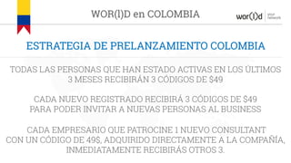 your
network
ESTRATEGIA DE PRELANZAMIENTO COLOMBIA
WOR(l)D en COLOMBIA
TODAS LAS PERSONAS QUE HAN ESTADO ACTIVAS EN LOS ÚLTIMOS
3 MESES RECIBIRÁN 3 CÓDIGOS DE $49
CADA NUEVO REGISTRADO RECIBIRÁ 3 CÓDIGOS DE $49
PARA PODER INVITAR A NUEVAS PERSONAS AL BUSINESS
CADA EMPRESARIO QUE PATROCINE 1 NUEVO CONSULTANT
CON UN CÓDIGO DE 49$, ADQUIRIDO DIRECTAMENTE A LA COMPAÑÍA,
INMEDIATAMENTE RECIBIRÁS OTROS 3.
 