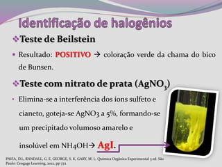 Teste de Beilstein
 Resultado: POSITIVO  coloração verde da chama do bico
de Bunsen.
Teste com nitrato de prata (AgNO3)
• Elimina-se a interferência dos íons sulfeto e
cianeto, goteja-se AgNO3 a 5%, formando-se
um precipitado volumoso amarelo e
insolúvel em NH4OH AgI.
PAVIA, D.L, RANDALL, G. E, GEORGE, S. K, GARY, M. L. Química Orgânica Experimental 3 ed. São
Paulo: Cengage Learning, 2012. pp 772
 