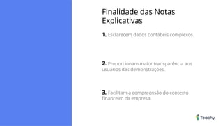 Finalidade das Notas
Explicativas
1. Esclarecem dados contábeis complexos.
2. Proporcionam maior transparência aos
usuários das demonstrações.
3. Facilitam a compreensão do contexto
financeiro da empresa.
 
