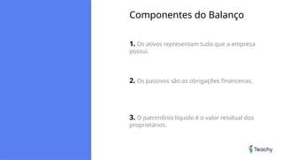 Componentes do Balanço
1. Os ativos representam tudo que a empresa
possui.
2. Os passivos são as obrigações financeiras.
3. O patrimônio líquido é o valor residual dos
proprietários.
 