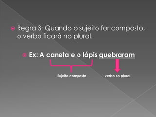  Regra 3: Quando o sujeito for composto,
o verbo ficará no plural.
 Ex: A caneta e o lápis quebraram
Sujeito composto verbo no plural
 