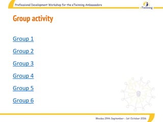 Group activity
Group 1
Group 2
Group 3
Group 4
Group 5
Group 6
 