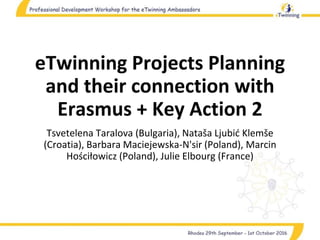 eTwinning Projects Planning
and their connection with
Erasmus + Key Action 2
Tsvetelena Taralova (Bulgaria), Nataša Ljubić Klemše
(Croatia), Barbara Maciejewska-N'sir (Poland), Marcin
Hościłowicz (Poland), Julie Elbourg (France)
 