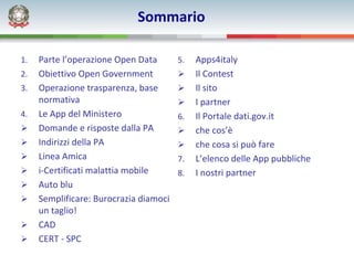 Sommario

1.   Parte l’operazione Open Data        5.   Apps4italy
2.   Obiettivo Open Government                Il Contes...