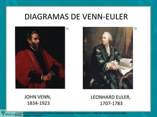 DIAGRAMAS DE VENN-EULER
                                                                       [1]                                                                                     [2]




             JOHN VENN,                                                                                   LEONHARD EULER,
              1834-1923                                                                                      1707-1783
[1] Charles E. Brock/ Cortesia de Master and Fellows of Gonville and Caius College/ foto: Christopher Hust, Hamilton Kerr Institute, University of Cambridge
[2] Johann Georg Brucker/ Wapedia.com
 