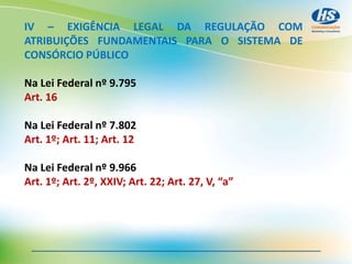 IV – EXIGÊNCIA LEGAL DA REGULAÇÃO COM
ATRIBUIÇÕES FUNDAMENTAIS PARA O SISTEMA DE
CONSÓRCIO PÚBLICO
Na Lei Federal nº 9.795
Art. 16
Na Lei Federal nº 7.802
Art. 1º; Art. 11; Art. 12
Na Lei Federal nº 9.966
Art. 1º; Art. 2º, XXIV; Art. 22; Art. 27, V, “a”
 