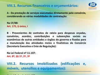VIII.1. Recursos financeiros e orçamentários:
A - Da prestação de serviços executados diretamente pelo consórcio,
considerando as várias modalidades de contratação:
Na CF/88:
Art. 175, § único, I
B - Provenientes de contratos de rateio para despesas orçadas,
convênios, acordos, contribuições e subvenções sociais ou
econômicas de outras entidades e órgãos do governo e fixadas para
a manutenção das atividades meios e finalísticas do Consórcio
(Secretaria Executiva e Ente de Regulação):
Na Lei Federal nº 11.107:
Art. 8º, §§ 1º, 2º, 3º
VIII.2. Recursos Imobilizados (edificações e,
móveis, utensílios e equipamentos):
 