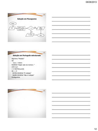 08/08/2013
12
Solução em Fluxograma
Início
num
Dividir o num
por 8 e guardar
o resto em r
Fim
r = 0
Sim
Não Não é
múltiplo
É múltiplo
Solução em Português estruturado
Algoritmo “Multiplo”
Var
num, r: inteiro
ESCREVA “Digite valor do número: ”
LEIA num
r  RESTO(num/8)
SE r = 0
ENTÃO ESCREVA “É múltiplo”
SENÃO ESCREVA “Não é múltiplo”
FimAlgoritmo
 
