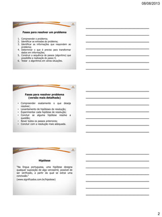 08/08/2013
2
Fases para resolver um problema
1. Compreender o problema;
2. Identificar as entradas do problema;
3. Identificar as informações que respondem ao
problema;
4. Determinar o que é preciso para transformar
dados em informações;
5. Construir a sequência de passos (algoritmo) que
possibilite a realização do passo 4;
6. Testar o algoritmos em várias situações.
Fases para resolver problema
(versão mais detalhada)
• Compreender exatamente o que deseja
resolver;
• Levantamento de hipóteses de resolução;
• Experimentar cada hipótese de resolução;
• Concluir se alguma hipótese resolve a
questão;
• Rever todos os passos anteriores;
• Concluir com a resolução mais adequada.
Hipótese
“Na língua portuguesa, uma hipótese designa
qualquer suposição de algo verossímil, possível de
ser verificado, a partir da qual se extrai uma
conclusão.”
(www.significados.com.br/hipotese)
 