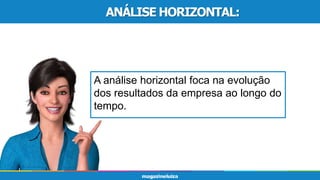 A análise horizontal foca na evolução
dos resultados da empresa ao longo do
tempo.
ANÁLISE HORIZONTAL:
 