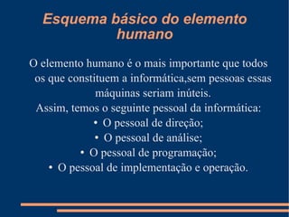 Esquema básico do elemento humano O elemento humano é o mais importante que todos os que constituem a informática,sem pessoas essas máquinas seriam inúteis. Assim, temos o seguinte pessoal da informática: O pessoal de direção; O pessoal de análise; O pessoal de programação; O pessoal de implementação e operação. 