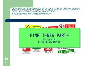 10
4
CORSO PER L’ESECUZIONE DI LAVORI TEMPORANEI IN QUOTA
CON L’IMPIEGO DI SISTEMI DI ACCESSO
E POSIZIONAMENTO MEDIANTE FUNI
FINE TERZA PARTEFINE TERZA PARTEFINE TERZA PARTEFINE TERZA PARTE
Bibliografia:Bibliografia:Bibliografia:Bibliografia:
Linee Guida ISPESLLinee Guida ISPESLLinee Guida ISPESLLinee Guida ISPESL
FINE TERZA PARTEFINE TERZA PARTEFINE TERZA PARTEFINE TERZA PARTE
Bibliografia:Bibliografia:Bibliografia:Bibliografia:
Linee Guida ISPESLLinee Guida ISPESLLinee Guida ISPESLLinee Guida ISPESL
 
