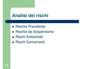 13
Analisi dei rischi
Rischio Prevalente
Rischio da Sospensione
Rischi Ambientali
Rischi Concorrenti
 
