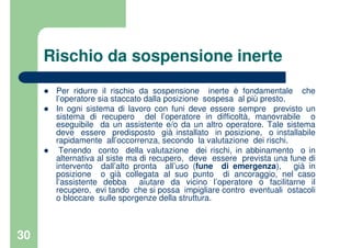 30
Rischio da sospensione inerte
Per ridurre il rischio da sospensione inerte è fondamentale che
l’operatore sia staccato dalla posizione sospesa al più presto.
In ogni sistema di lavoro con funi deve essere sempre previsto un
sistema di recupero del l’operatore in difficoltà, manovrabile o
eseguibile da un assistente e/o da un altro operatore. Tale sistema
deve essere predisposto già installato in posizione, o installabile
rapidamente all’occorrenza, secondo la valutazione dei rischi.
Tenendo conto della valutazione dei rischi, in abbinamento o in
alternativa al siste ma di recupero, deve essere prevista una fune di
intervento dall’alto pronta all’uso (fune di emergenza), già in
posizione o già collegata al suo punto di ancoraggio, nel caso
l’assistente debba aiutare da vicino l’operatore o facilitarne il
recupero, evi tando che si possa impigliare contro eventuali ostacoli
o bloccare sulle sporgenze della struttura.
 