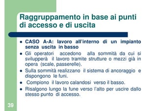 39
Raggruppamento in base ai punti
di accesso e di uscita
CASO A-A: lavoro all’interno di un impianto
senza uscita in basso
Gli operatori accedono alla sommità da cui si
svilupperà il lavoro tramite strutture o mezzi già in
opera (scale, passerelle).
Sulla sommità realizzano il sistema di ancoraggio e
dispongono le funi.
Compiono il lavoro calandosi verso il basso.
Risalgono lungo la fune verso l’alto per uscire dallo
stesso punto di accesso.
 