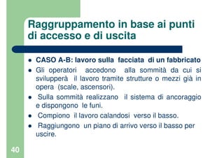 40
Raggruppamento in base ai punti
di accesso e di uscita
CASO A-B: lavoro sulla facciata di un fabbricato
Gli operatori accedono alla sommità da cui si
svilupperà il lavoro tramite strutture o mezzi già in
opera (scale, ascensori).
Sulla sommità realizzano il sistema di ancoraggio
e dispongono le funi.
Compiono il lavoro calandosi verso il basso.
Raggiungono un piano di arrivo verso il basso per
uscire.
 