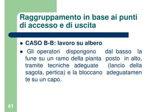 41
Raggruppamento in base ai punti
di accesso e di uscita
CASO B-B: lavoro su albero
Gli operatori dispongono dal basso la
fune su un ramo della pianta posto in alto,
tramite tecniche adeguate (lancio della
sagola, pertica) e la bloccano adeguatamen
te su un capo.
 
