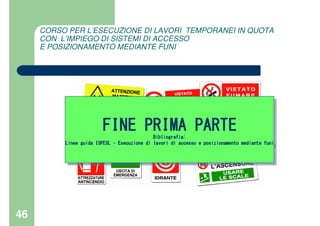 46
CORSO PER L’ESECUZIONE DI LAVORI TEMPORANEI IN QUOTA
CON L’IMPIEGO DI SISTEMI DI ACCESSO
E POSIZIONAMENTO MEDIANTE FUNI
FINE PRIMA PARTEFINE PRIMA PARTEFINE PRIMA PARTEFINE PRIMA PARTEBibliografia:Bibliografia:Bibliografia:Bibliografia:
Linee guida ISPESLLinee guida ISPESLLinee guida ISPESLLinee guida ISPESL –––– Esecuzione di lavori di accesso e posizionamento mediante funiEsecuzione di lavori di accesso e posizionamento mediante funiEsecuzione di lavori di accesso e posizionamento mediante funiEsecuzione di lavori di accesso e posizionamento mediante funi
FINE PRIMA PARTEFINE PRIMA PARTEFINE PRIMA PARTEFINE PRIMA PARTEBibliografia:Bibliografia:Bibliografia:Bibliografia:
Linee guida ISPESLLinee guida ISPESLLinee guida ISPESLLinee guida ISPESL –––– Esecuzione di lavori di accesso e posizionamento mediante funiEsecuzione di lavori di accesso e posizionamento mediante funiEsecuzione di lavori di accesso e posizionamento mediante funiEsecuzione di lavori di accesso e posizionamento mediante funi
 