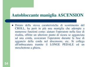 54
Autobloccante maniglia ASCENSION
Dotato della stessa caratteristicha di scorrimento del
CROLL, ha però in più una maniglia che adempie a
numerose funzioni come: aiutare l'operatore nella fase di
risalita, offrire un ulteriore punto di sicura se agganciata
ad una corda, assicurare l'operatore durante la fase di
aggancio della corda nel discensore, etc. Si collega
all'imbracatura tramite il LONGE PEDALE ed un
moschettone a ghiera.
 