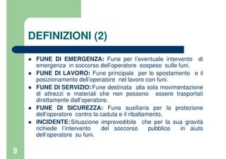 9
DEFINIZIONI (2)
FUNE DI EMERGENZA: Fune per l’eventuale intervento di
emergenza in soccorso dell’operatore sospeso sulle funi.
FUNE DI LAVORO: Fune principale per lo spostamento e il
posizionamento dell’operatore nel lavoro con funi.
FUNE DI SERVIZIO: Fune destinata alla sola movimentazione
di attrezzi e materiali che non possono essere trasportati
direttamente dall’operatore.
FUNE DI SICUREZZA: Fune ausiliaria per la protezione
dell’operatore contro la caduta e il ribaltamento.
INCIDENTE:Situazione imprevedibile che per la sua gravità
richiede l’intervento del soccorso pubblico in aiuto
dell’operatore su funi.
 