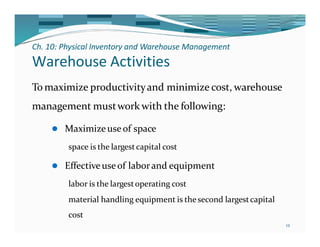 Ch. 10: Physical Inventory and Warehouse Management
12
Warehouse Activities
To maximize productivityand minimize cost, warehouse
management mustwork with the following:
⚫ Maximizeuseof space
space is the largestcapital cost
⚫ Effectiveuseof laborand equipment
labor is the largestoperating cost
material handling equipment is thesecond largestcapital
cost
 