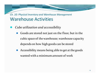 Ch. 10: Physical Inventory and Warehouse Management
14
Warehouse Activities
⚫ Cube utilization and accessibility
⚫ Goods are stored not just on the floor, but in the
cubic spaceof thewarehouse; warehouse capacity
dependson how highgoods can be stored
⚫ Accessibility means being able togetat thegoods
wanted with a minimumamount of work
 
